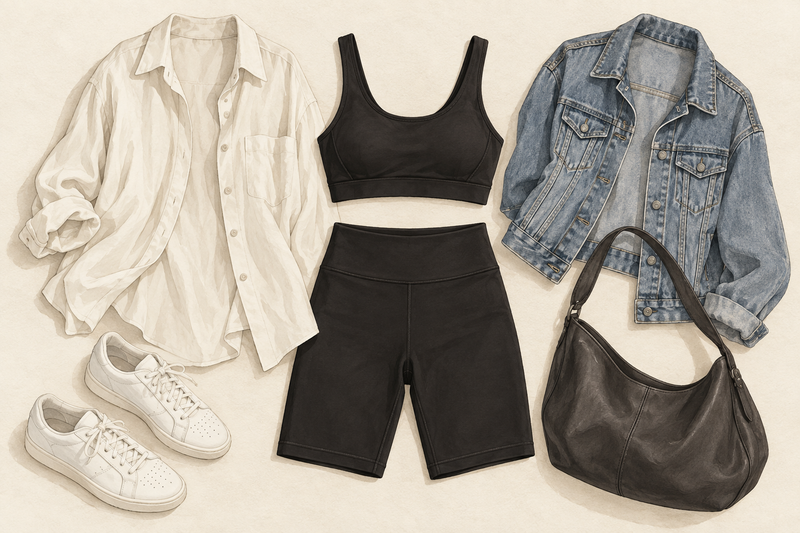 Illustration of a black sports bra and shorts with an ivory shirt, a denim jacket and trainers