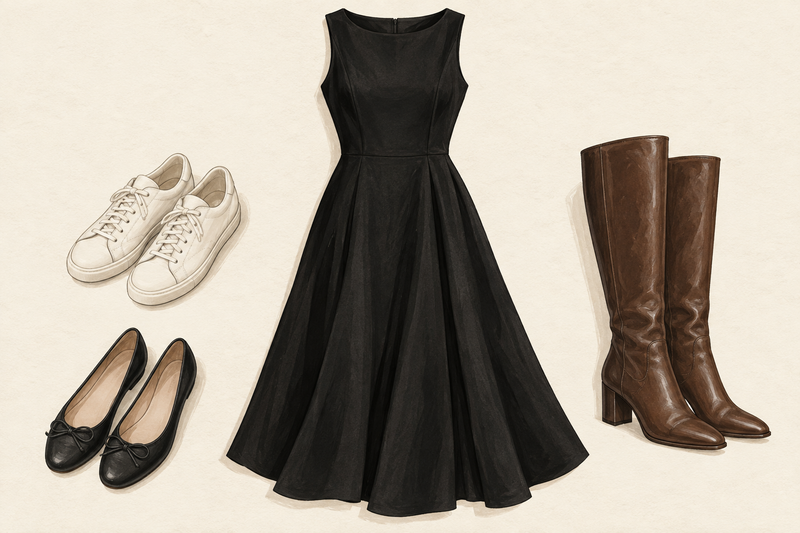Illustration of a black midi dress with ivory trainers, black ballet flats and brown knee-high boots