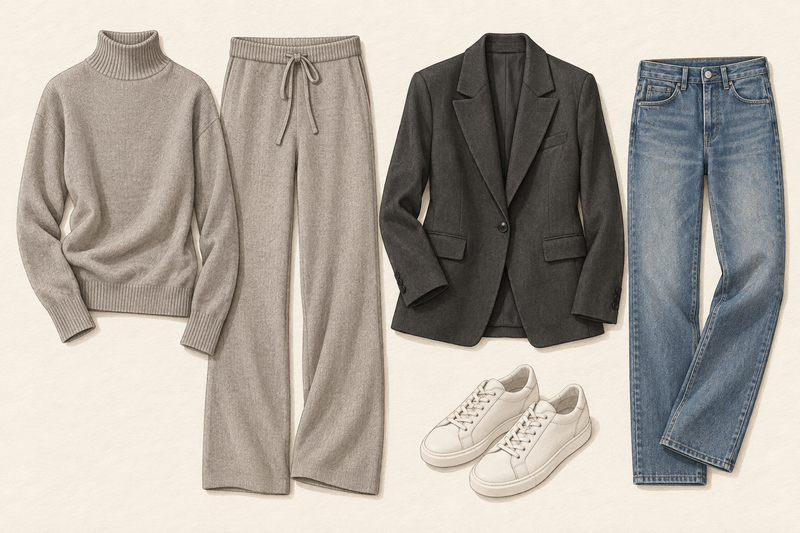 Illustration of a grey knitted co-ord with a charcoal blazer, straight-leg jeans and ivory trainers