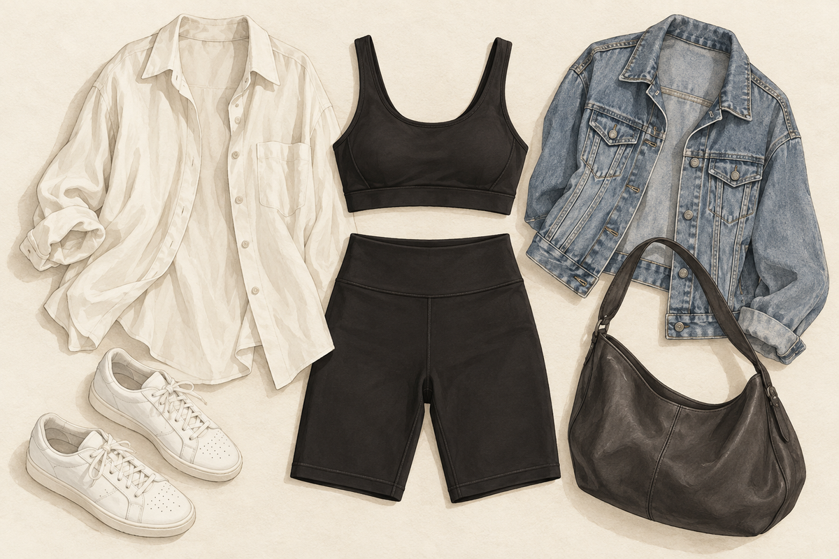 Illustration of a black sports bra and shorts with an ivory shirt, a denim jacket and trainers