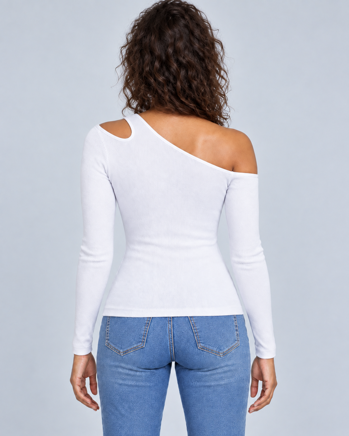 ANGLE — Asymmetric shoulder cut-out top — back view