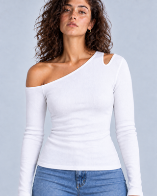 ANGLE — Asymmetric shoulder cut-out top — front view