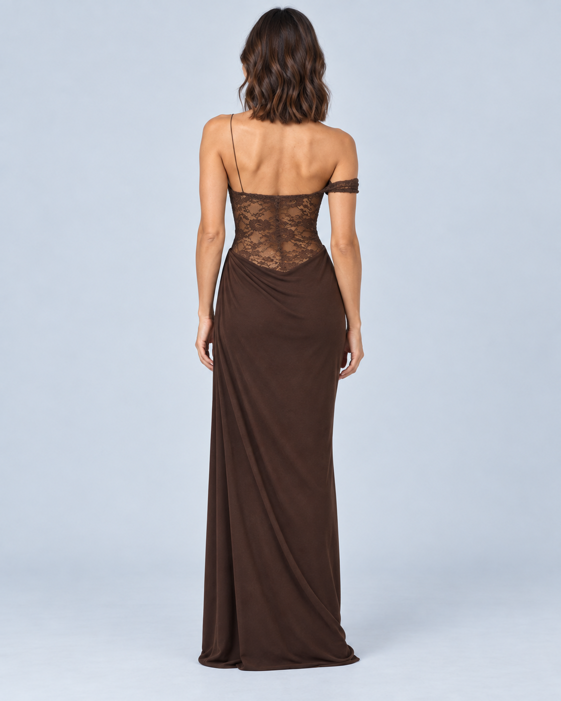 ARIA — Asymmetric lace maxi dress — back view