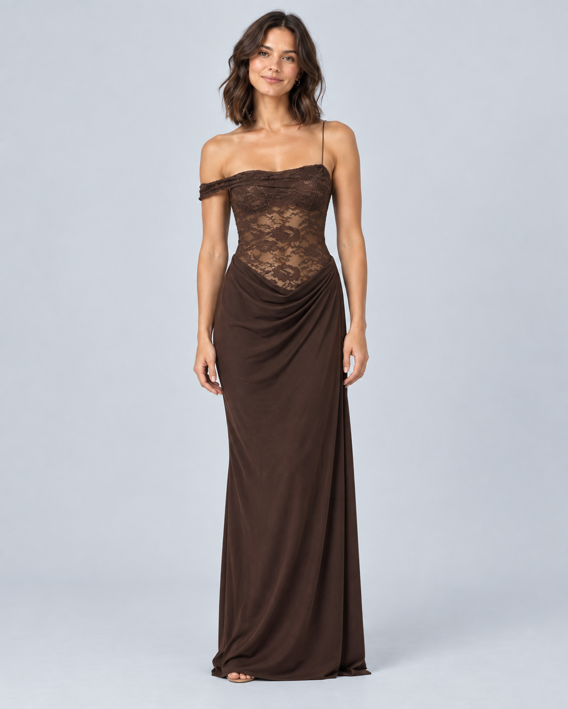 ARIA — Asymmetric lace maxi dress — front view
