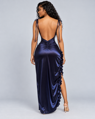 AZUR — Satin-look maxi dress with slit — back view