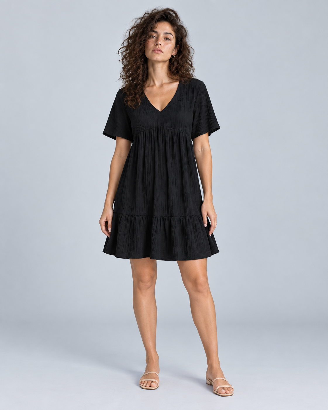 BOHEME — Loose ruffled mini dress — front view