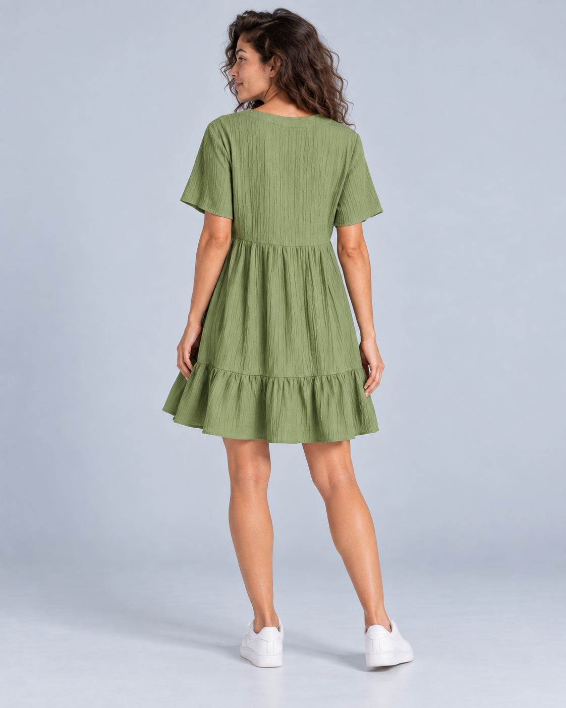 BOHEME — Loose ruffled mini dress — back view