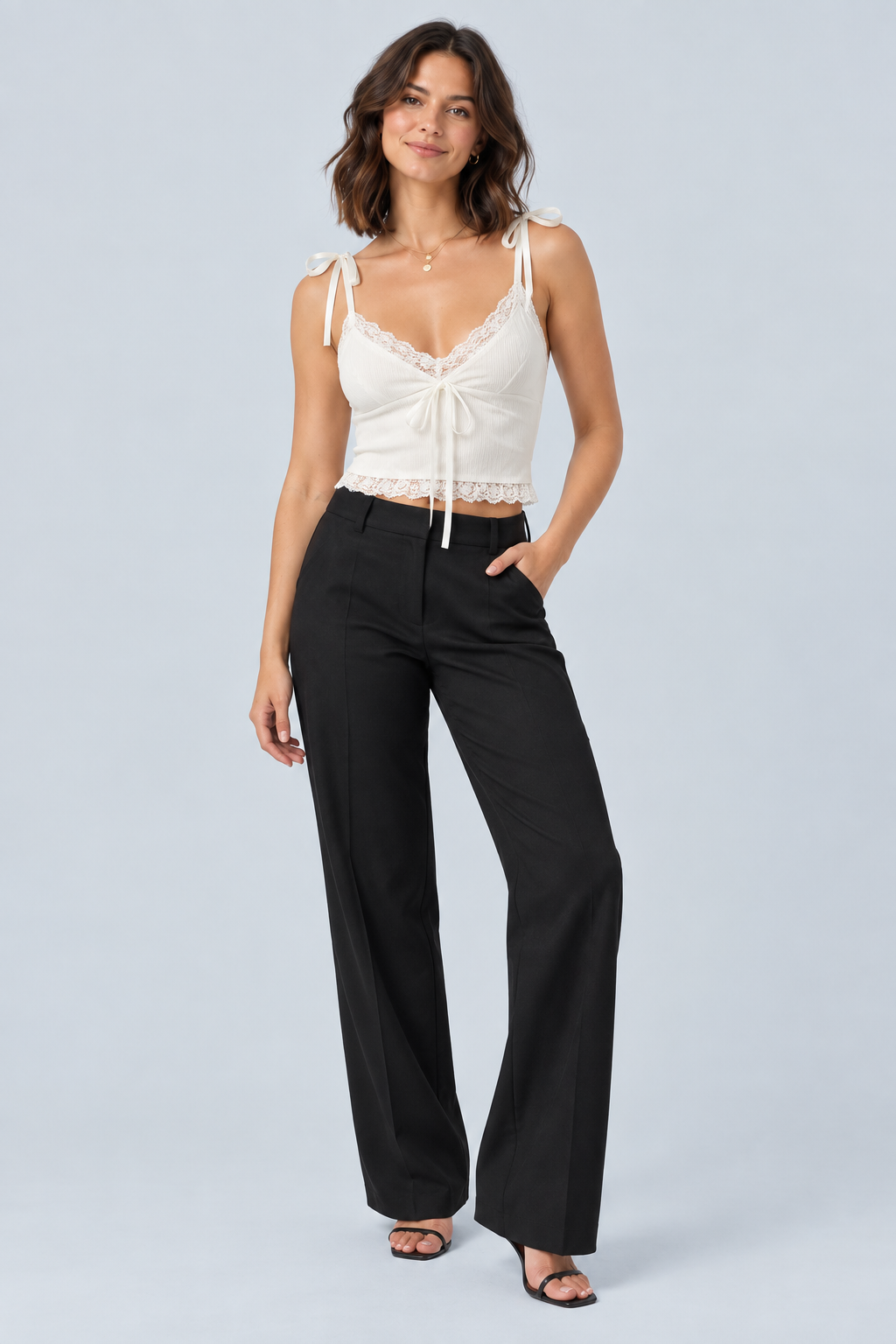 BOW — Tie-front camisole with lace trim — front view