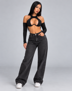 CUTOUT — Long-sleeved cut-out crop top — front view