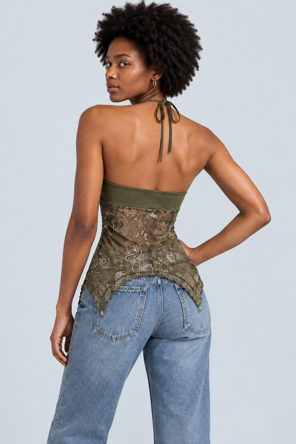 EMBER — Printed halter top with ring detail — back view