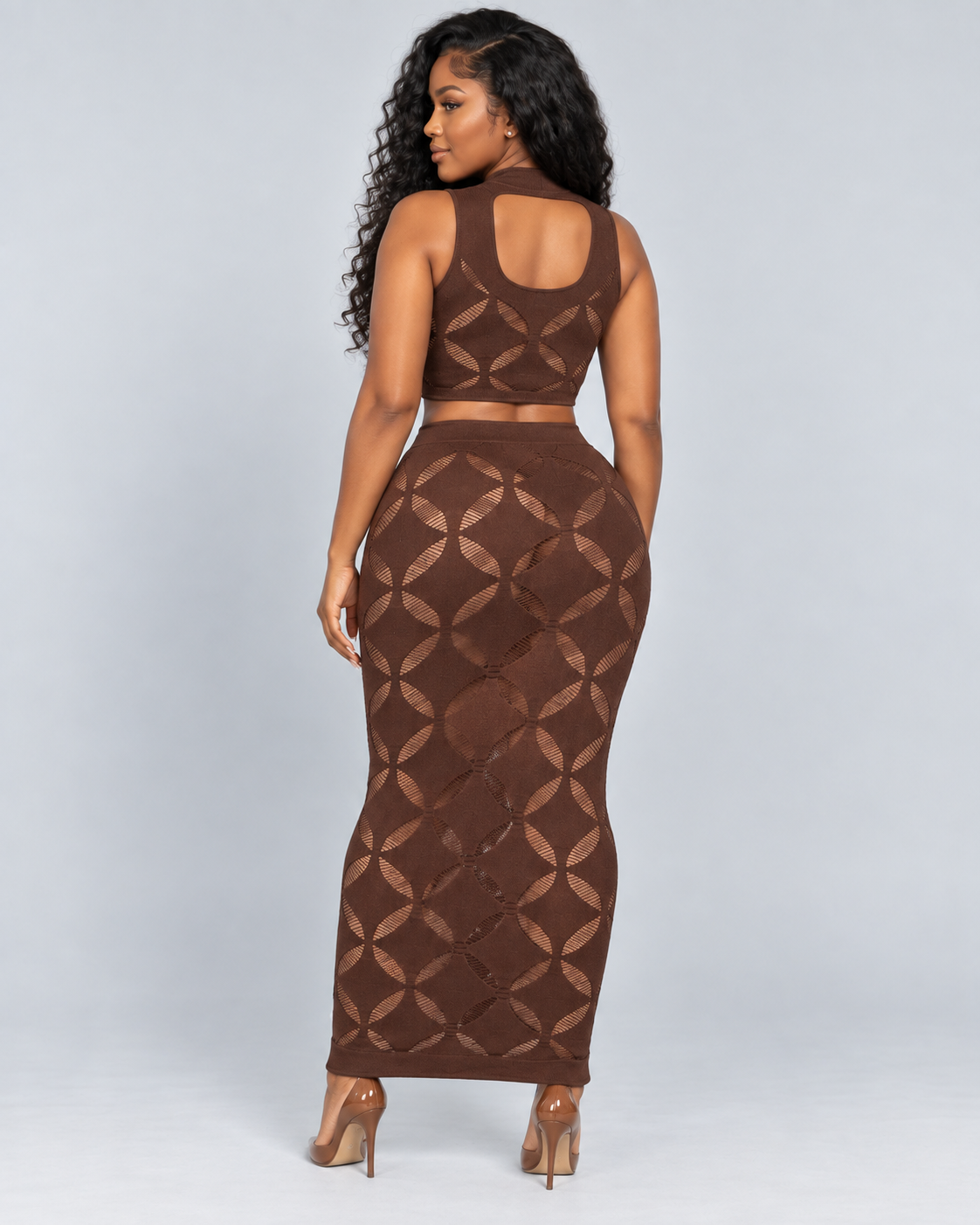 HARMONIE — Open-knit top and skirt set — back view