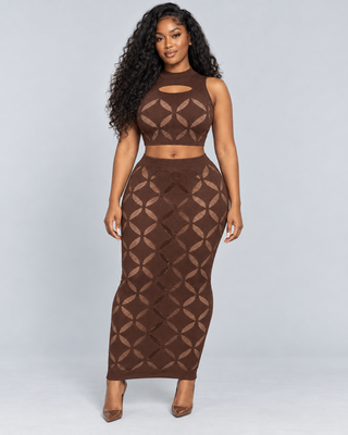 HARMONIE — Open-knit top and skirt set — front view