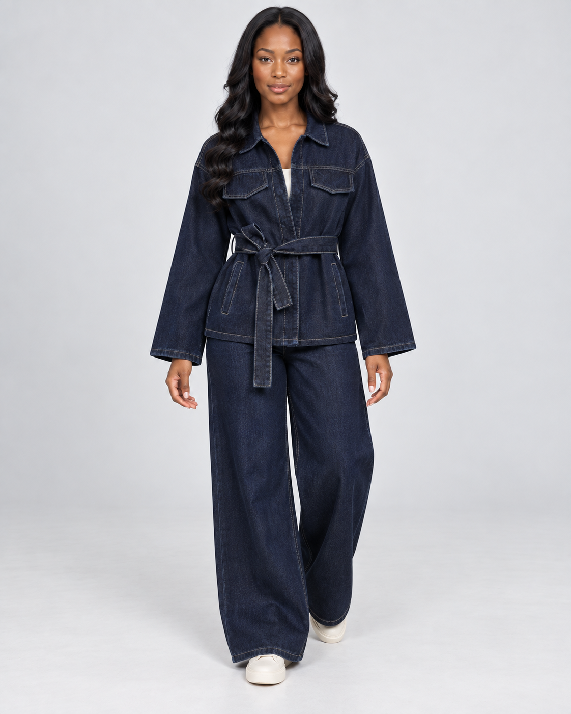 INDIGO — Denim jacket and trouser set — front view