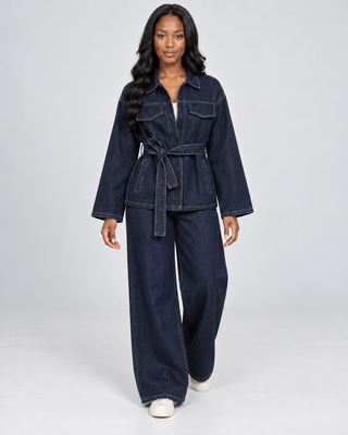 INDIGO — Denim jacket and trouser set — front view