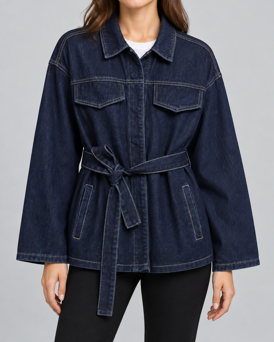 INDIGO — Belted denim jacket — front view