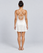 LUNE — Satin-effect mini dress with lace — back view
