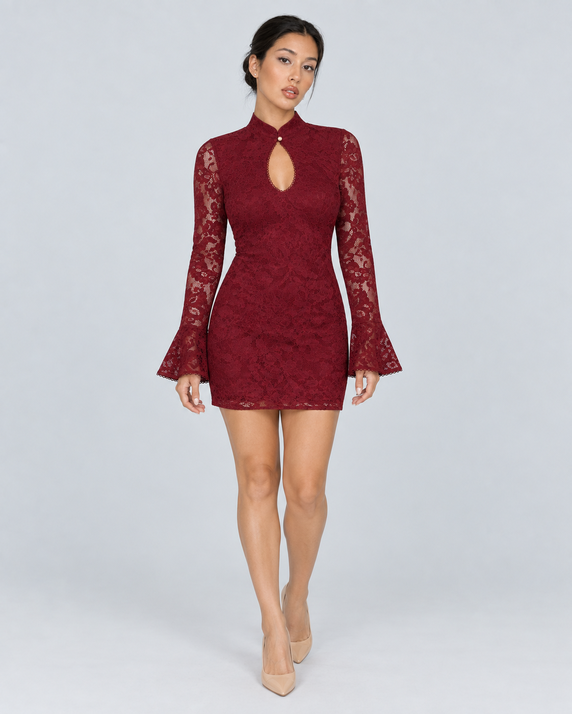 NOCTURNE — Lace long-sleeve mini dress — front view