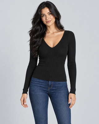 NORA — Ribbed V-neck top — front view