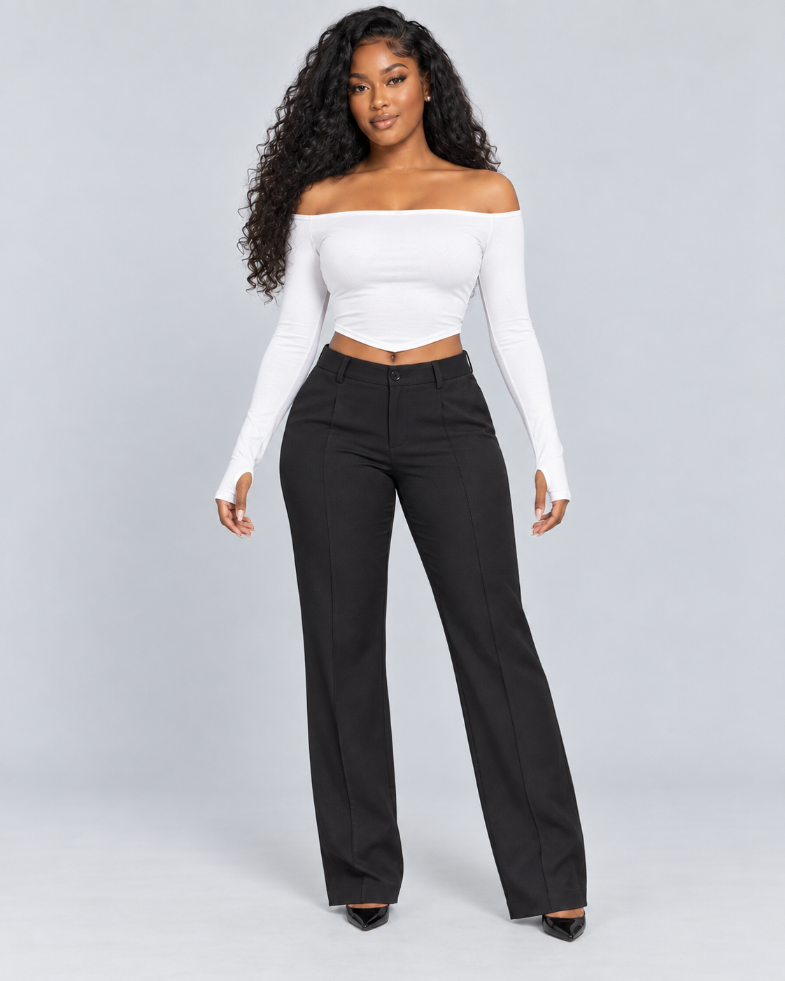 OFF — Off-shoulder long-sleeve crop top — front view