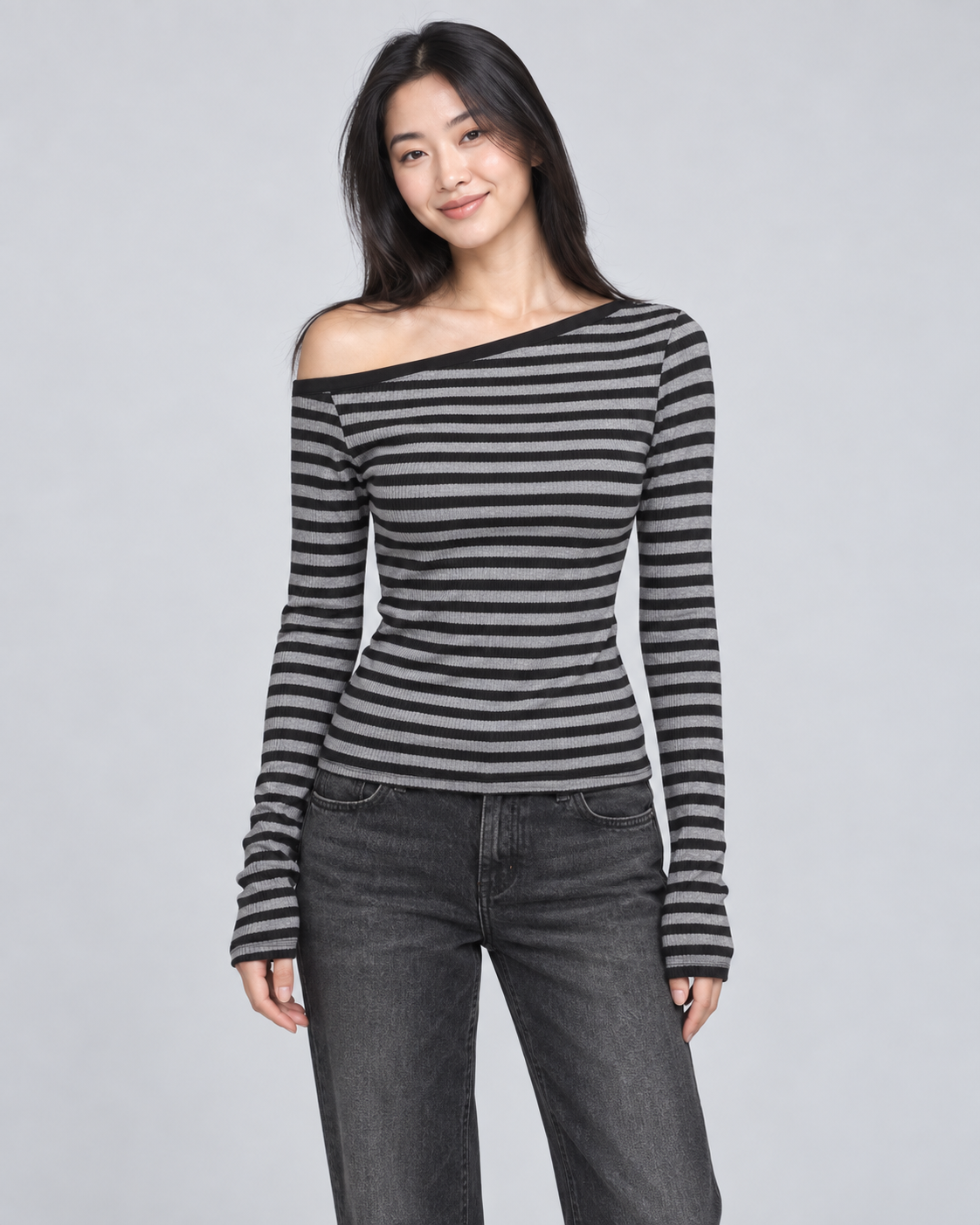 RIOT — Striped off-shoulder top — front view