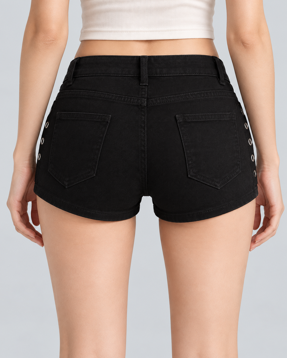 RIVET — Studded denim shorts — back view