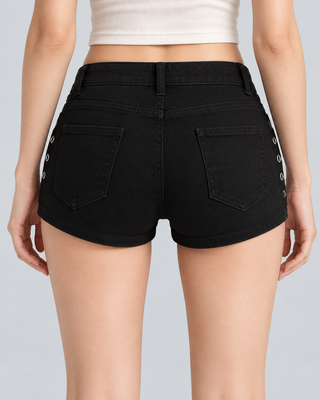 RIVET — Studded denim shorts — back view