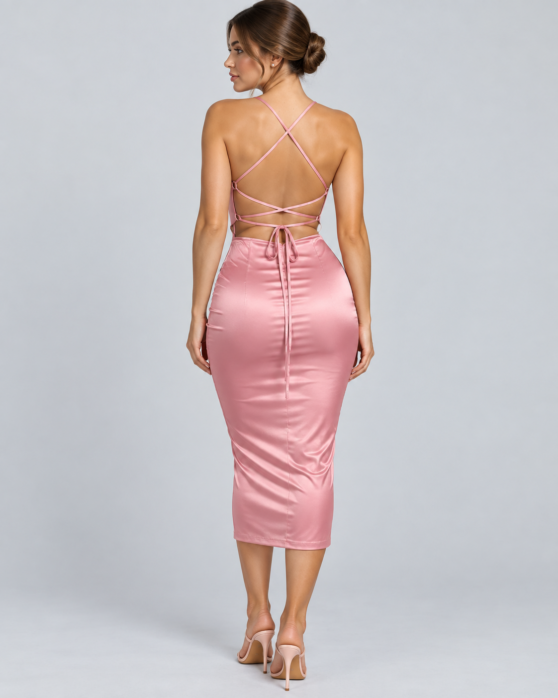ROSA — Satin-look midi dress with lace-up back — back view