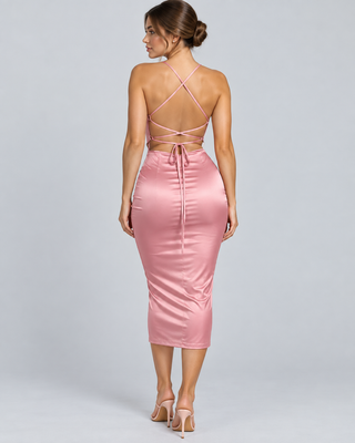 ROSA — Satin-look midi dress with lace-up back — back view