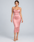 ROSA — Satin-look midi dress with lace-up back — front view