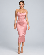 ROSA — Satin-look midi dress with lace-up back — front view