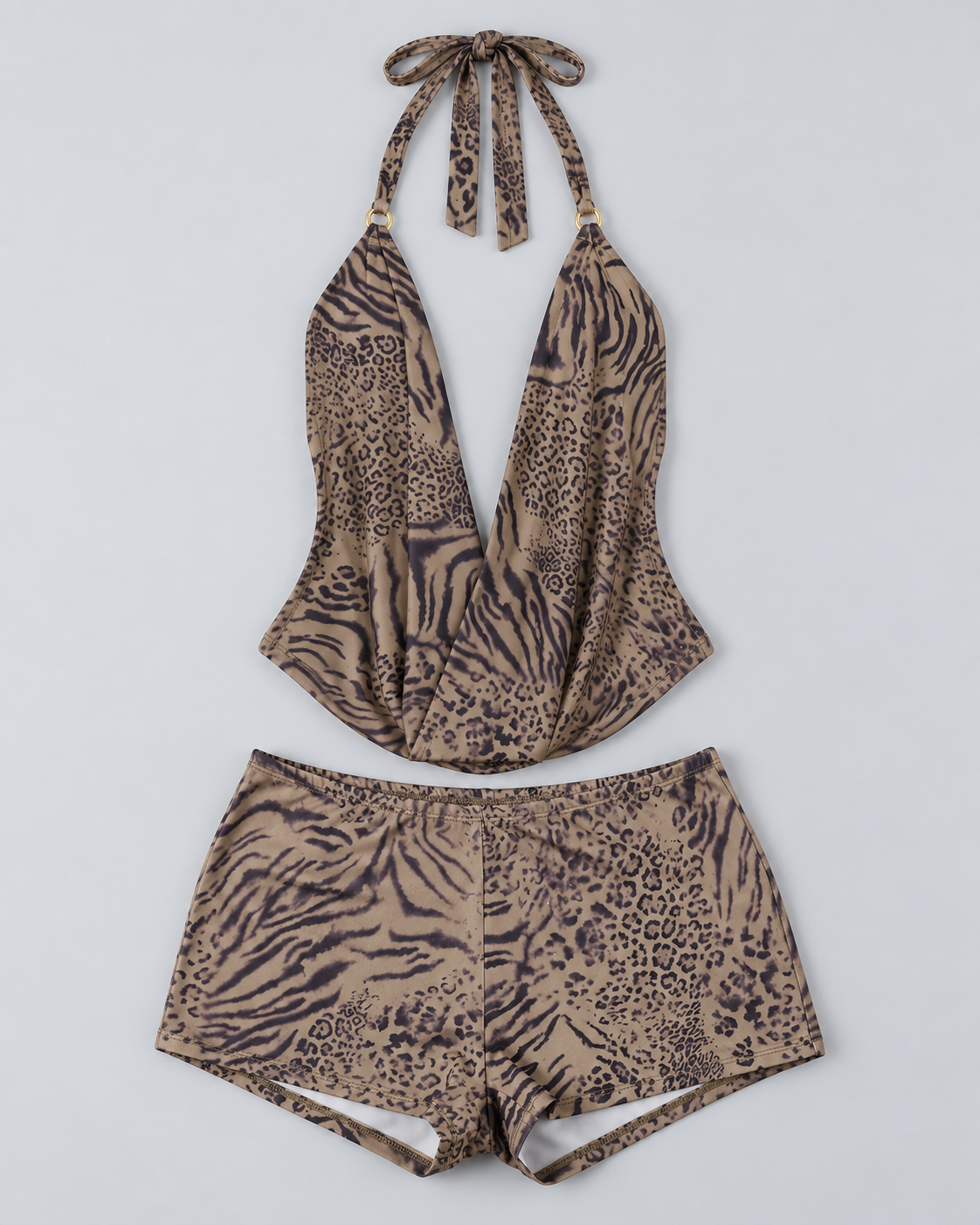 SAVANE — Leopard halter top and shorts set — front view
