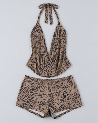 SAVANE — Leopard halter top and shorts set — front view