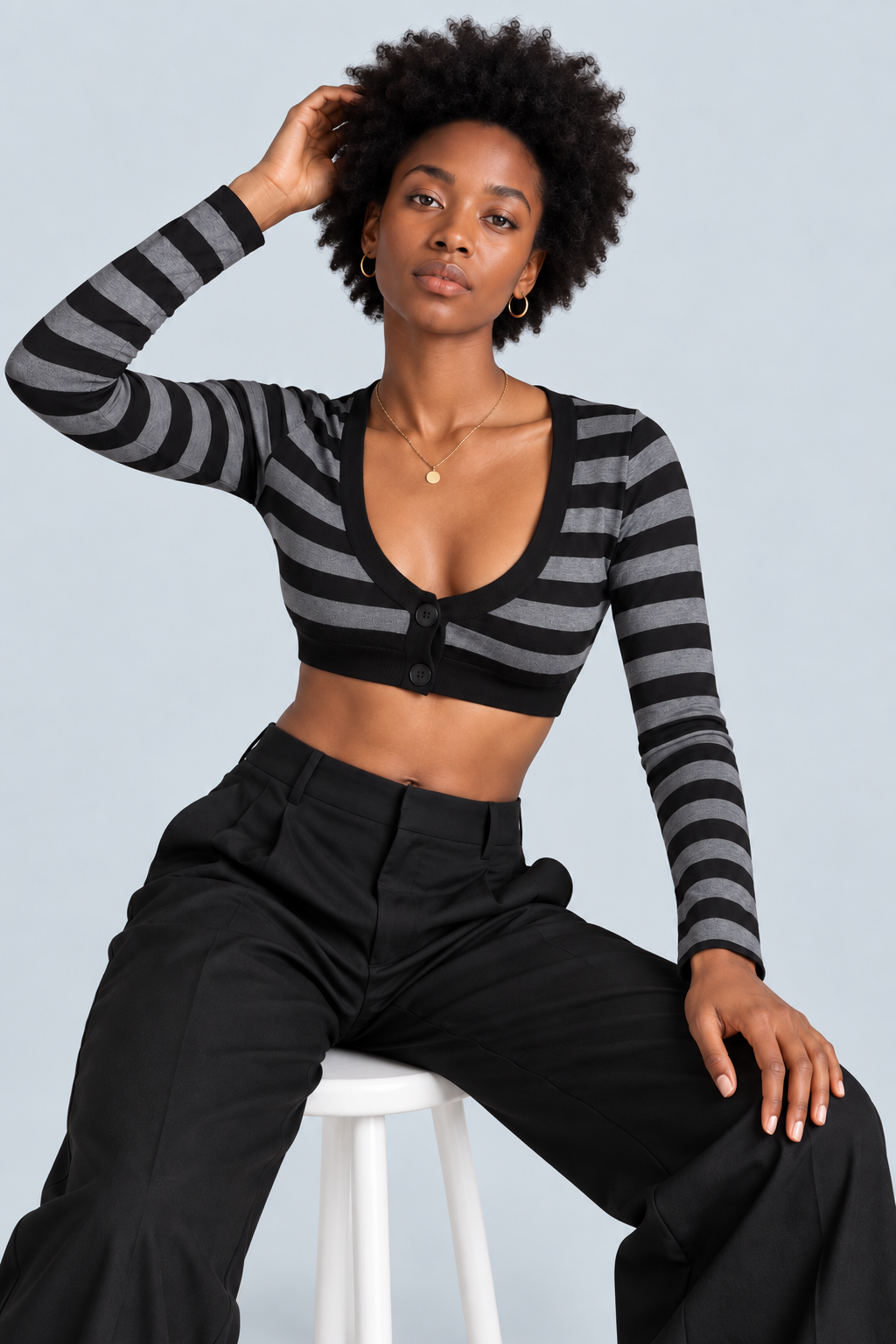 STATIC — Striped button-front crop top — front view