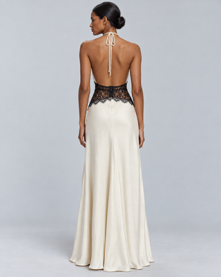 MUSE — Lace-panel halterneck maxi dress — back view