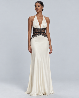 MUSE — Lace-panel halterneck maxi dress — front view