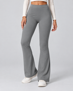 V — Flared pants with V-shaped waist — front view