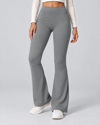 V — Flared pants with V-shaped waist — front view