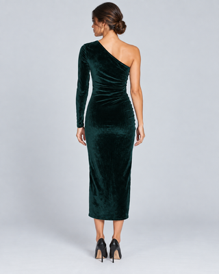 VELORA — Asymmetric velvet midi dress — back view