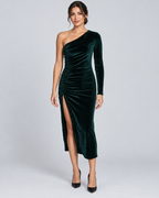 VELORA — Asymmetric velvet midi dress — front view