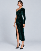 VELORA — Asymmetric velvet midi dress